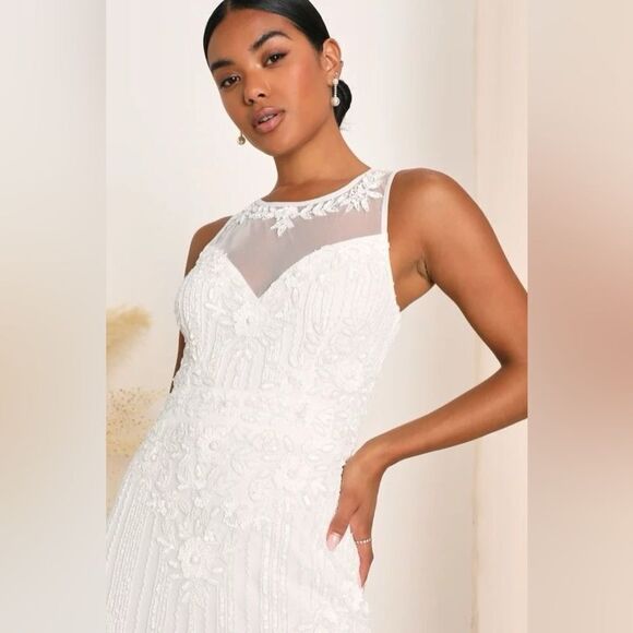 Lulus Modern Fairytale White Mesh Beaded Sequin Mermaid Maxi Dress Small NEW - Picture 2 of 16